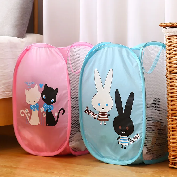 Large Foldable Laundry Basket with Cartoon Design – 3-Sided Mesh Hamper for Clothes, Collapsible Storage Bin with Breathable Side Panels, Durable and Portable